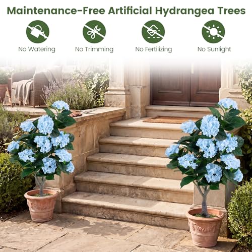 Goplus Artificial Hydrangea Tree, 2 Pack Fake Floral Plant w/11 White Flowers & Realistic Trunk in Plastic Nursery Pot, Indoor Silk Flower Tree for Home Office Living Room Housewarming Gift (Blue) - color: Blue