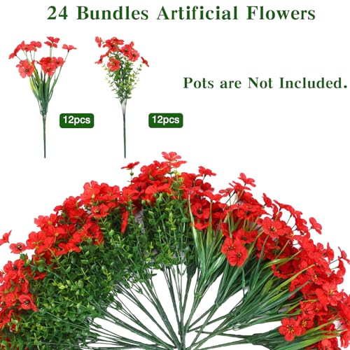 CEWOR Artificial Flowers for Outdoor Indoor, Fake Silk Daisy with Eucalyptus Leaves, Faux Flower for Valentine's Day Decor Garden Front Door Porch Planter Patio Home Decor (24 Bundles, Red) - color: Red Daisy