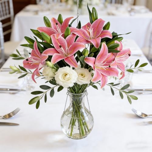 Kimura's Cabin 6Pcs Tiger Lily Artificial Flowers Real Touch Fake Lilies Flower with Stems Faux Plants Lilys for Easter Bouquet Wedding Floral Arrangements Home Table Centerpiece Decor(Rose Pink) - color: Rose Pink