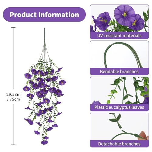 6PCS Artificial Hanging Morning Glory Flowers for Outdoor, UV Resistant Silk Faux Flowers with Realistic Eucalyptus Plants for Home Office Garden Patio Window Basket Decor(Purple) - color: Purple