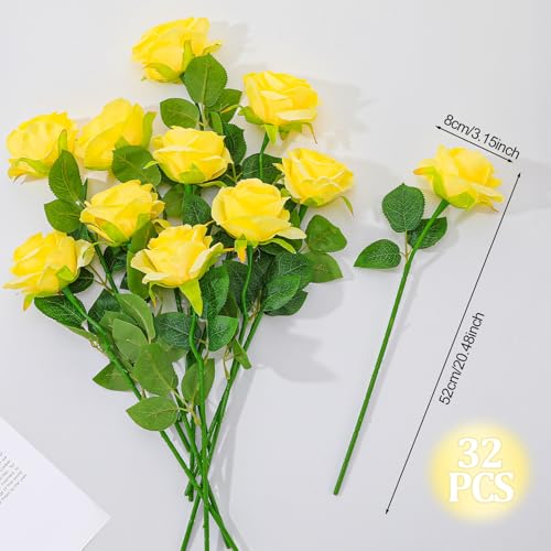 32 Pcs Yellow Artificial Flowers Roses Fake, Silk Flowers with Stems for DIY Wedding Gothic Bridal Shower Centerpieces Arrangements Tables Decorations - color: Yellow