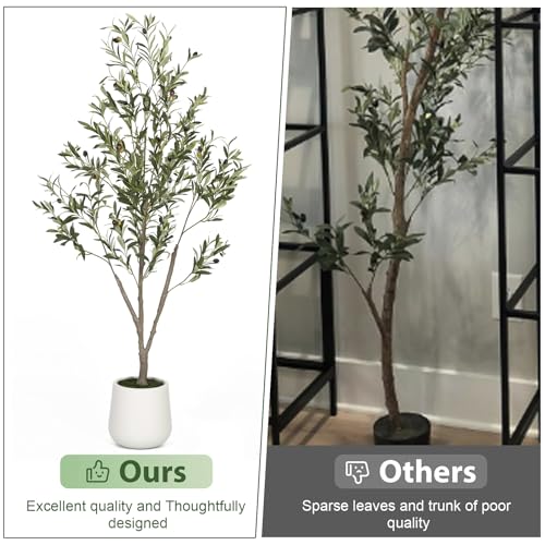 Artificial Olive Tree 5FT Tall Faux Olive Tree Artificial Indoor with Natural Wood Trunk and Lifelike Fruits Realistic White Planter Potted for Home Office Living Room Decor