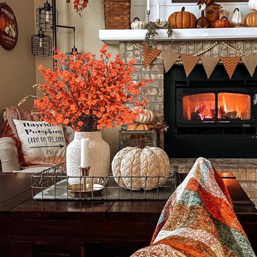 Yastouay Fake Flowers Thanksgiving Table Decor, 10Pcs Orange Thanksgiving Decorations for Table Artificial Flowers, Babys Breath Artificial Flowers Bulk for Fall Decor Floral Arrangement - color: Orange, size: 10 Pcs
