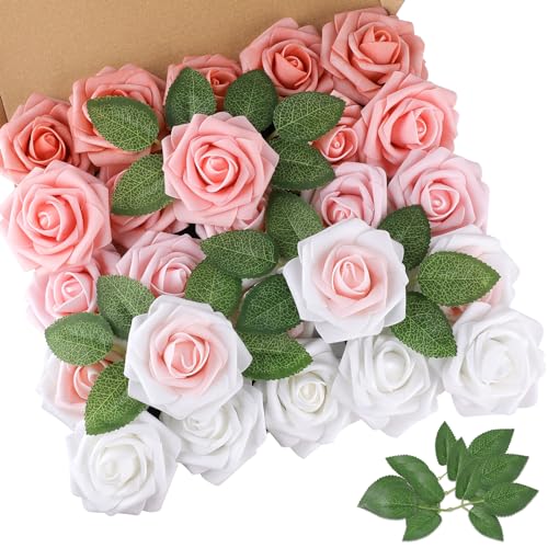 AmyHomie 25pcs Real Looking Artificial Shades of Blush Roses w/Stem for DIY Wedding Bouquets Centerpieces Arrangements Party Baby Shower Valentines Day Christmas Tree Decorations - color: Shades of Blush