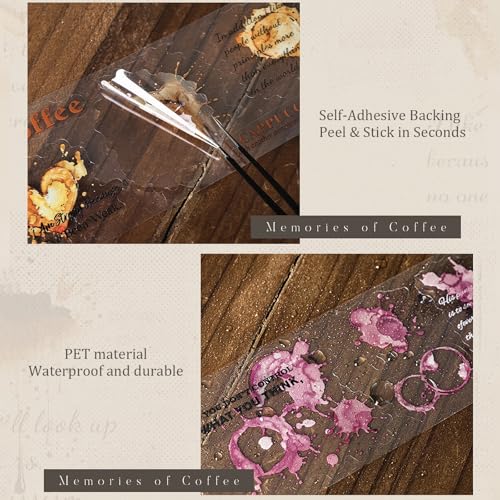 Memories of Coffee PET Tape Set, 6 Rolls Vintage Coffee Stain Stickers with Clip for Scrapbooking, Journaling, DIY and Crafts Supplies - color: Coffee Memory
