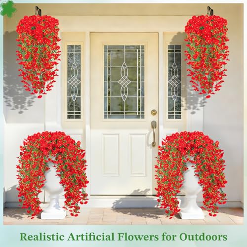 Artificial Hanging Flowers for Outdoors, 6Pcs UV Resistant Morning Glory Vines Fake Flowers with Eucalyptus, Realistic Silk Faux Hanging Plants Decor for Outside Planter Porch Patio (Red) - color: Red