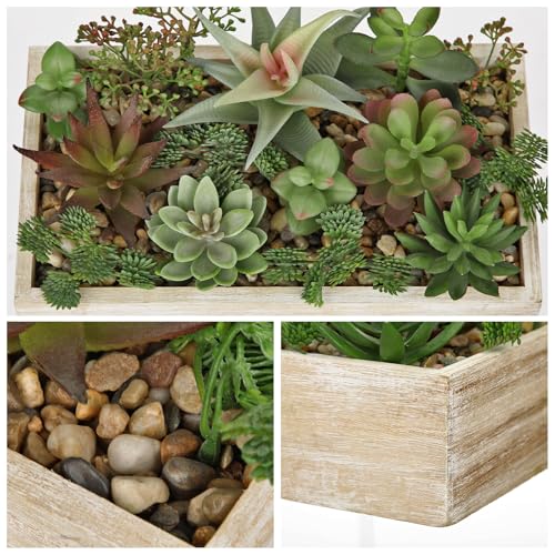 Artificial Succulent Plants in Pot 10 Inch Fake Succulent Arrangement Potted Succulents Plants Centerpiece in Rectangular Wooden Planter for Home Office Desk Shelf Living Room Bedroom Farmhouse Decor - color: White Wooden#style 6