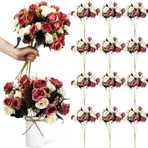 Hotop 12 Bunches of Artificial Flowers Centerpiece 13 Inches Silk Fake Roses Bouquets for Table Decoration Faux Arrangement Flowers for Wedding Cemetery Memorial Day (Coffee) - color: Coffee
