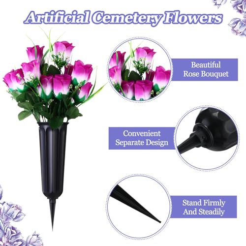 Tigeen 6 Sets Father's Day Cemetery Flowers with Grave Vase 12 Bunches Artificial Rose Memorial Bouquet 84 Heads Fake Silk Flower for Dad Gravesite Graveside Decor(Purple) - color: Purple