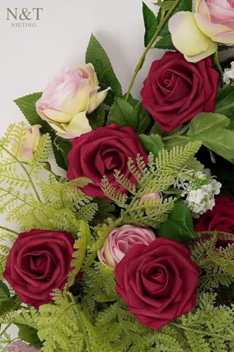 N&T NIETING Artificial Flowers,25Pcs Real Touch Fake Flowers Foam Roses with Stems Perfect DIY Wedding Bouquets Centerpieces Bridal Shower Party Home Flower Arrangement Tables Decorations,Dark Red - color: Dark Red, size: 25pcs