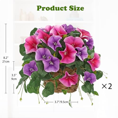 Briful 2 Pack Fake Morning Glory with Handwoven Basket - 8.2" Pink Purple Faux Potted Flowers Silk Floral Table Centerpiece for Home Office Room Shelf Desk Decor - color: Magenta