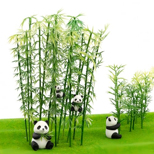 100Pcs Miniature Bamboo Trees with Panda Figurines, 4-6 inch Green Plastic Model Trees for Train Scenery, Fairy Garden, Diorama, Cake Topper Decoration, 1:75 Scale Landscape Accessories