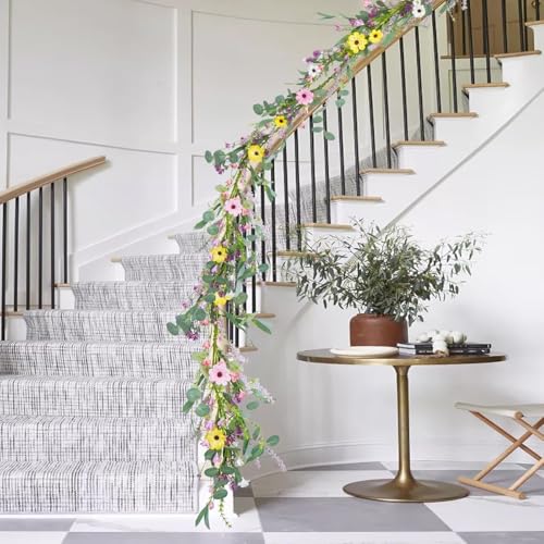 6.5FT Wildflower Daisy Garland Flower Garland with Daisy Lavender Faux Floral Vine Summer Spring Garland for Mantle Baby Shower Wedding Arch Front Door Porch Staircase Summer Spring Decor (1 Pcs)