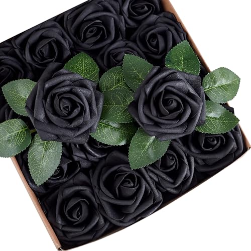 16 Pcs Black Roses Artificial Flowers | Foam Roses with Stems, Black Flowers for DIY Gothic Decor, Halloween Arrangements, Home Accents - color: Black