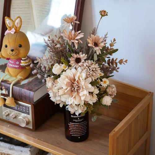 16-inch Artificial Fake Flowers Silk Table Arrangements Faux Plastic Floral Centerpieces for Home with Roses, Dandelions, Daisies, Hydrangea, Eucalyptus, Chrysanthemums and Hollyberries - color: Cappuccino