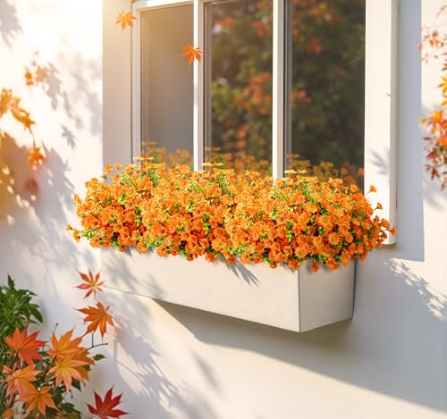 Artificial Mums Fall Fake Flowers for Outdoors, 10 Bundles Faux Mums Autumn Decorations,UV Resistant Silk Flowers Plastic Plants for Outside Front Porch Garden Patio Home Planters Decor (Orange) - color: Orange