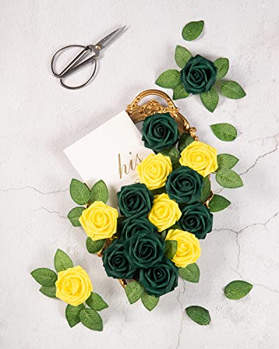 DuHouse 25Pcs Artificial Roses Flowers Fake Roses with Stems Real Touch Foam Flowers for DIY Wedding Bouquet Party Centerpiece Floral Arrangement Party Home Decor(Hunt Green) - color: Hunt Green, size: 25pcs