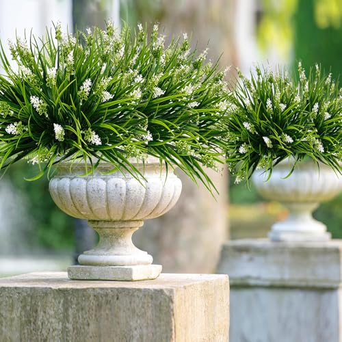 Artificial Fake Outdoor Plants Flowers for Spring Decoration, UV Resistant Realistic White Plastic Flowers Faux Plant Monkey Grass for Planter Home Garden Porch Patio Window Box(White-A, 12 Pcs) - color: White-a