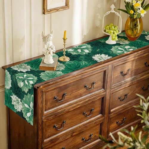 Deep Green Dahlia Flower Summer Table Runner Green Gray Burlap Table Runners, Spring Floral Seasonal Coffee Table Center Decor for Home Kitchen Dining Party Indoor Outdoor 13x90 Inch - color: Deep Green, size: 13" x 90", Table Runner