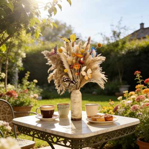 Fall Dried Flower Bouquet with Pampas Grass & Butterflies Arrangement | Boho Fall Decor for Autumn Home,Vase,Moody Office,Table Centerpiece Indoor Décor - color: Fall