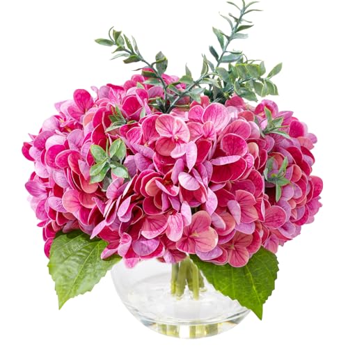 Rose Red Hydrangea Artificial Flowers with Eucalyptus in Vase Fake Flowers Coffee Table Decor Real Touch Flowers with Faux Water for Home Decor - color: A-rose Red