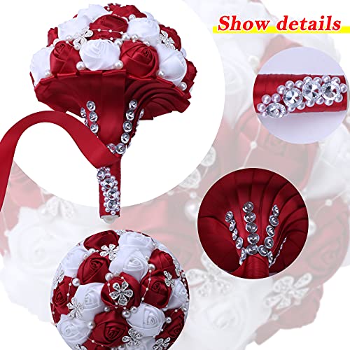 7Inch Handmade Wedding Flowers Bridal Bouquets Crystal Bride Holding Bouquet White Ivory Satin Roses with Diamond Pearl Ribbon.(WineRed) - color: Winered