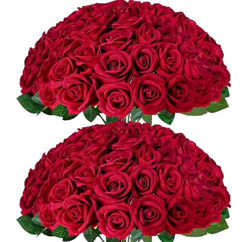 50Pcs Red Roses Artificial Flowers with Stems，Fake Roses Bouquet Fake Flowers Bulk，Silk Velvet Roses for Wedding Centerpieces Arrangement Baby Shower Birthday Home Decor Gifts - color: Red, size: 50
