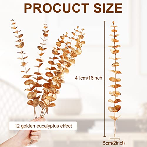 Waydress 12 Pieces Gold Eucalyptus Stem 16 Inch Artificial Eucalyptus Spray Fake Leave Decor Fall Faux Floral Arrangement Faux Flower for Wedding Party Bouquet Home Farmhouse Vase DIY Craft