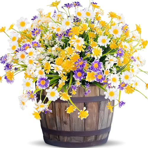8 Bundles Artificial Daisy Flowers for Outdoors Summer Decor, UV Resistant Fake Cemetery Flowers Faux Plastic Greenery Shrub Plants for Home Gardens Porch Patio Cemetery Décor(Mix White Yellow Purple) - color: Mix White Yellow Purple, size: 8 Bundles