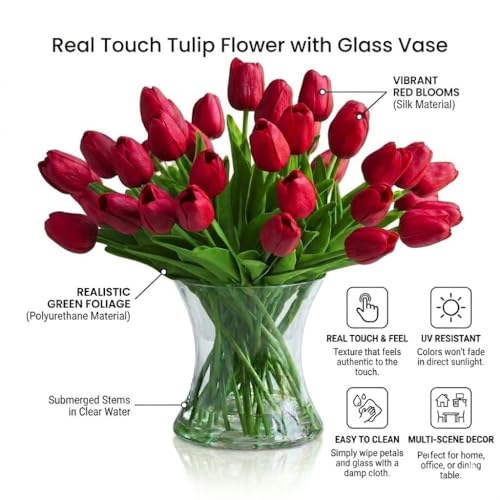 Real Touch Artificial Tulips with Glass Vase and Acrylic Water, 40 Pcs Fake Tulip Flowers Bouquet for Home Office Decor, Silk Flowers Arrangements for Dining Table Wedding Centerpiece (Red) - color: Red