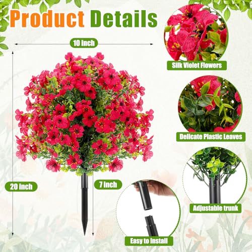 Suncalla 6 Pack Artificial Boxwood Topiary Ball Tree with Violet Flowers, 20" Outdoors Fake UV Resistant Plants with Ground Spike Faux Eucalyptus Shrubs Bushes for Porch Patio Garden (Colorful Flower) - style: Colorful Flower