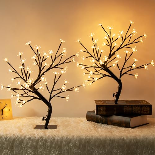 PEIDUO Set of 2 Lighted Cherry Blossom Tree, Light up Bonsai Tree for Christmas Decorations, Warm White Lights Plug in Adapter, Tabletop Night Light Artificial Tree for Indoor Bedroom Living Room - style: 2PK Cherry Blossom Tree