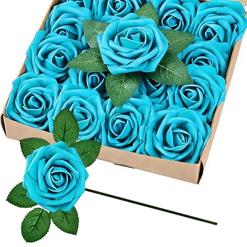 30pcs Real Looking Lake Blue Foam Artificial Roses with Stems, Fake Rose Flowers for DIY Wedding Bouquets Bridal Shower Centerpieces Home Party Valentine's Day Mother's Day Decor Gift - color: 30pcs Lake Blue