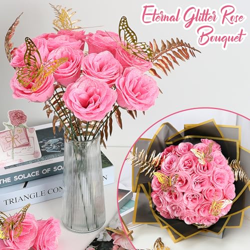 Pink Glitter Roses Bouquet - 24 Pcs DIY Glitter Flowers Bouquets Artificial Everlasting Elegance Shiny for Graduation Gifts Anniversary Birthday Wedding - color: Pink