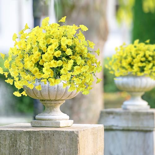 Artificial Flowers for Outdoors 12 Bundles Realistic Faux Plants UV Resistant Fake Silk Morning Glory with Eucalyptus for Front Door Planter Patio Porch Outside Spring Summer Decoration (Yellow) - color: Yellow