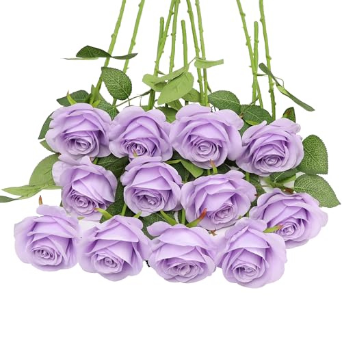 JUSMAI 12pcs Lavender Roses Artificial Flowers Lliac Roses Purple Roses Fake Roses Flowers with Long Stems Silk Flowers for Wedding Bouquet Centerpices Decorations Party Bridal Baby Shower - color: Lavender, size: 12PCS