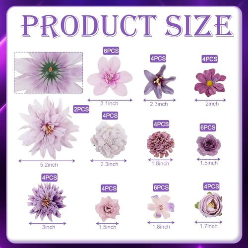 LACGO 48 PCS Artificial Flowers Heads, Fake Daisy Heads Bulk Silk Faux Rose DIY Cake Decor Blossom Garland Wreath Bouquets Crafts for Halloween Wedding Bridal Baby Shower Home Party Decoration(Purple) - color: Purple