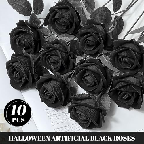 10 PCS Artificial Roses with Long Stems Silk Flowers Realistic Foam Flowers Fake Roses for Valentine's Day Home Wedding Halloween Decor(All Black) - color: All Black