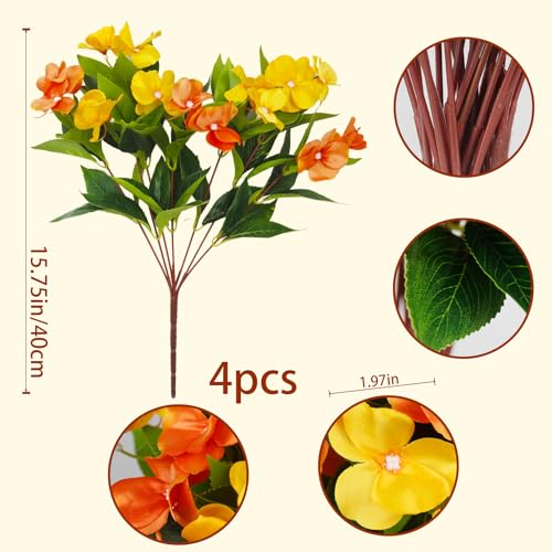 CITYES 4 Pcs Artificial Flowers Outdoor Impatiens UV Resistant Fake Silk Fall Flowers Orange Yellow Faux Flowers Impatiens Bushes for Outdoor Planter Pot Hanging Basket Porch Autumn Fall Decor - color: Orange, Yellow