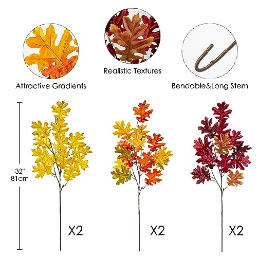 Briful 6PCS Artificial Fall Leaves Stems 32'' Fall Foliage Branches Autumn Oak Leaves Spray for Home Kitchen Farmhouse Thanksgiving Table Centerpiece Mantle Halloween Décor(Mixed Color)