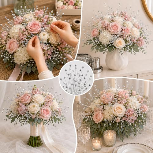 60 Pieces Pearl Stick Stems Bouquets, 4mm Bead String Garland Beaded Spray Filler Floral Arrangements Tree Picks Wedding Party Decoration, Mother's Day Flower Decor, Christmas Tree Picks (Silver) - color: Silver