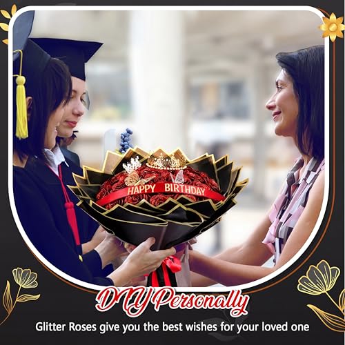 Maysing Money Bouquet Kit 12 Pcs Glitter Roses 20 Sheet Flower Wrapping Paper DIY Flower Bouquet Floral Foam Blocks Sticker for Anniversary Birthday Mother's Day Graduation(Red) - color: Red