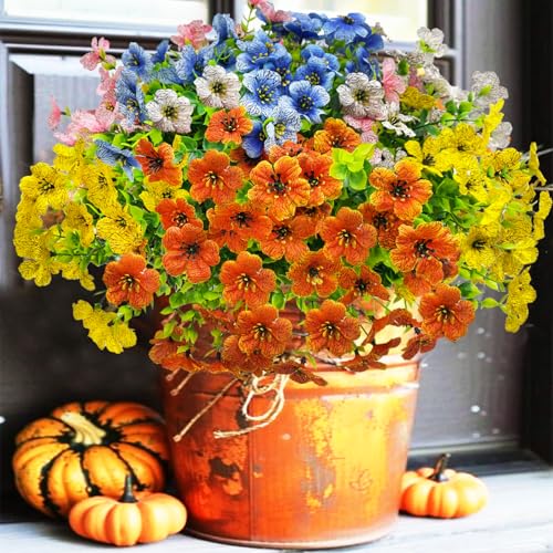 Outdoor Fake Flowers UV Resistant, No Fade and Weatherproof Silk Outdoor Artificial Flowers for Spring Porch Garden Patio Window Box ,Big savings on money & time,10 Bundles(Mix Red Purple Rosy) - color: 2(ye+bl+wh+pk+or)