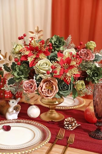 Artificial Christmas Flowers Set with Poinsettia, Fake Roses, Greenery Leaves & Stems for DIY Christmas Decor - Wreath, Tree Ornaments, Wedding Bouquets, Centerpieces, Home Floral Arrangement - color: Christmas Red