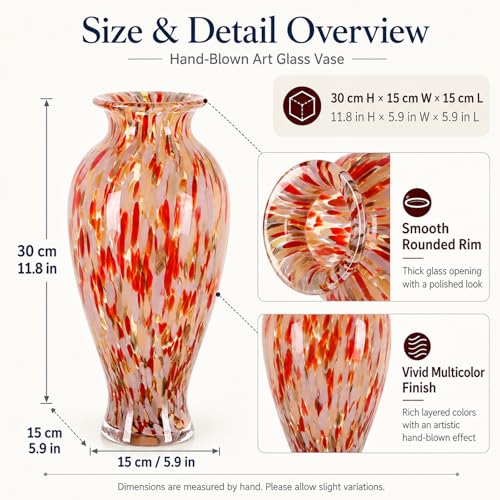 11.8" Tall Hand Blown Red Art Glass Vase, Multicolor Glass Vase, 2.5" Opening for Flowers, Centerpiece Decor for Living Room, Dining Table, Mantel Shelf, Pampas Grass (Red White) - color: Red White