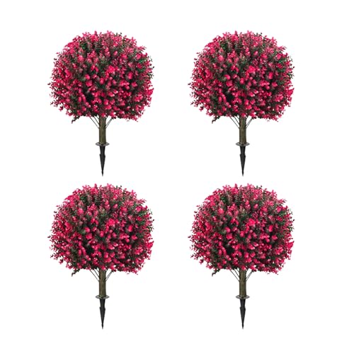 Artificial Red Eucalyptus Topiary Ball Tree, Outdoor Faux Evergreen Shrubs with Ground Spike, UV Resistant Fade Proof Fake Plants, Set of 4 for Garden Patio Yard Indoor Deco .25Inch - color: Pink-coloured