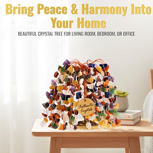 7 Chakra Tree of Life Crystal Tree, 300 Natural Gemstone Beads, Healing Crystals & Stones, Handmade Bonsai Gift for Women, Mom & Friends, Brings Money, Positivity & Good Luck, Boho Home & Office Decor - color: N4- 7 Chakra Tree Slice Base Khajuri 300 Bead