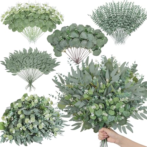 Serwalin 200pcs Artificial Mixed Eucalyptus Leaves Stems Bulk, 4Kinds Silver Dollar Eucalyptus Leaves Picks,Faux Eucalyptus Stems Sprays for DIY Bouquets Floral Arrangement Home Decor - color: Attractive Forest Green-200pcs