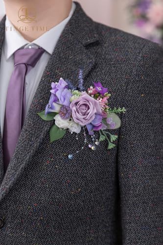 TINGE TIME Luxury Groom Boutonniere for Wedding, 1 PCS Pocket Boutonniere for Men, Artificial Corsage for Wedding, Prom, Homecoming, Anniversary, Graduation (Violet&Mistyrose) - color: Violet & Misty Rose