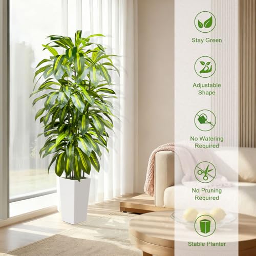 6FT Fake Tall Plant Artificial Dracaena Tree Indoor Faux Plants Indoor Luxury Fake Plants for Living Room Decor Artificial Tree Floor Plant White Planter - color: White, size: 6ft